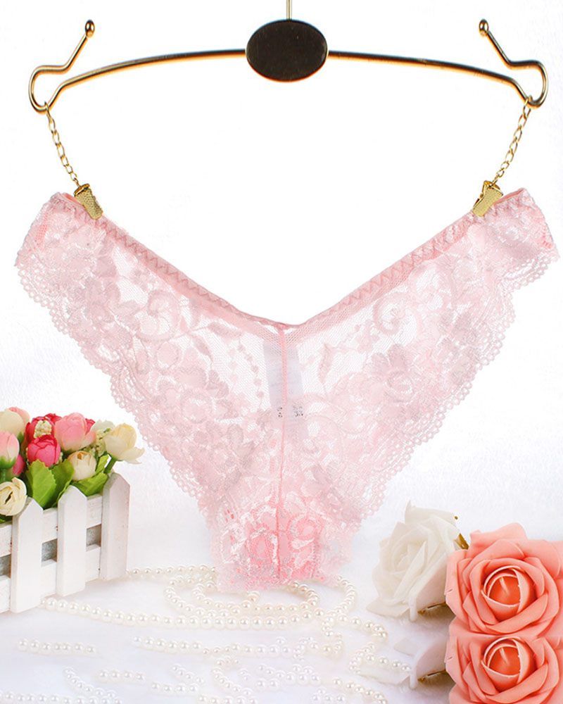 

Crochet Lace Mesh Thong Panty, Pink