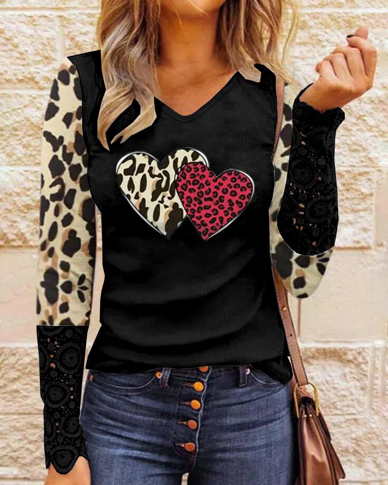 

Valentine' Day Heart Cheetah Print Lace Patch Top, Black