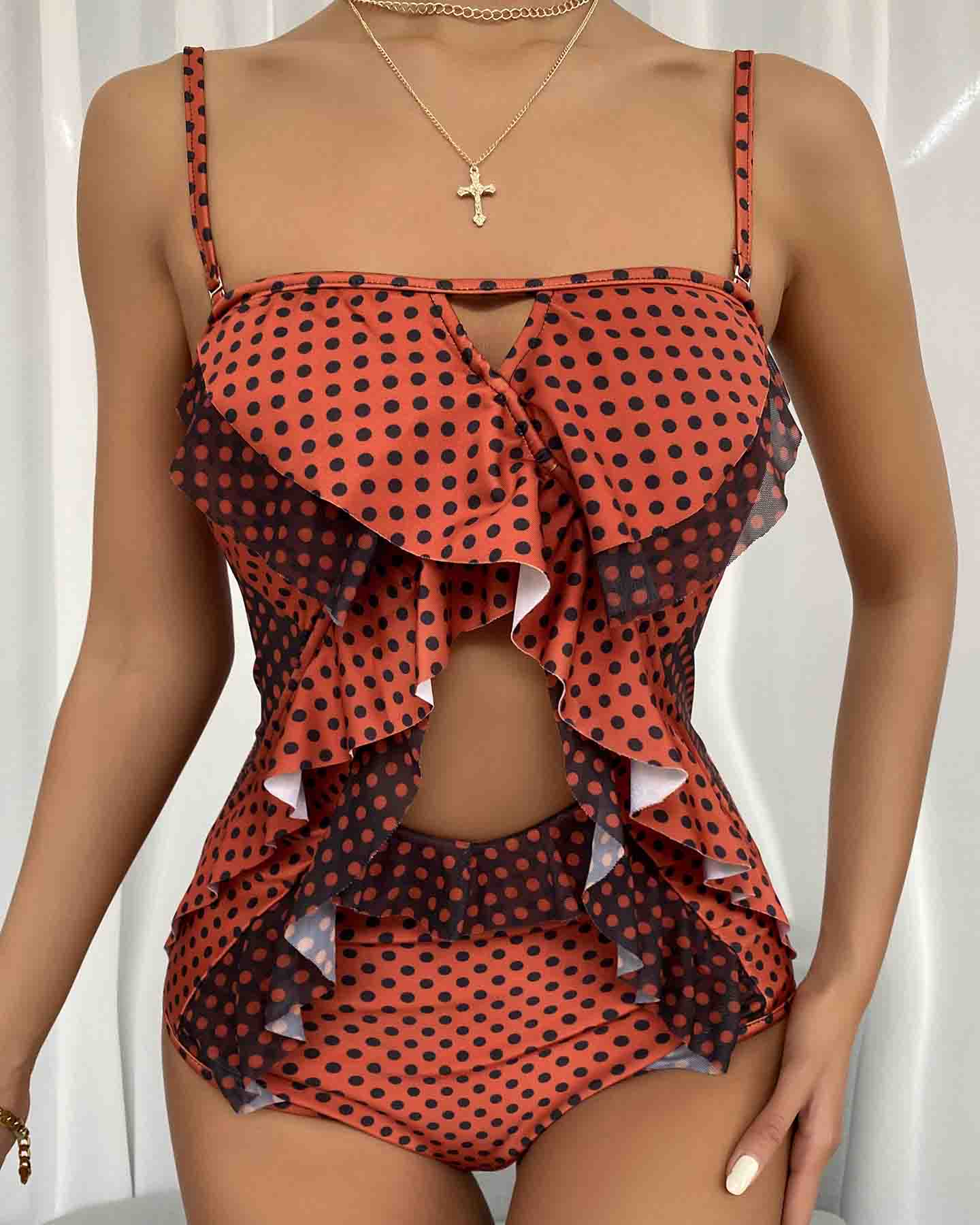 

Polkadot Print Colorblock Ruffles Cutout One Piece Swimsuit, Brown