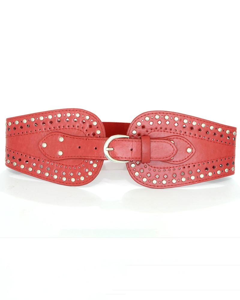 

1PCS Hollow Out Eyelet Buckled PU Leather Wide Belt, Red