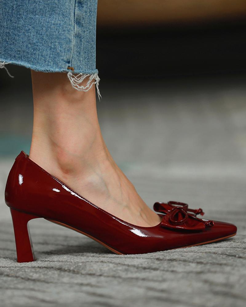 

Bowknot Front Pointed Toe Block Heels, Wine red