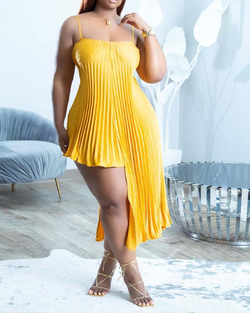 

Spaghetti Strap Asymmetrical Pleated Dress, Yellow