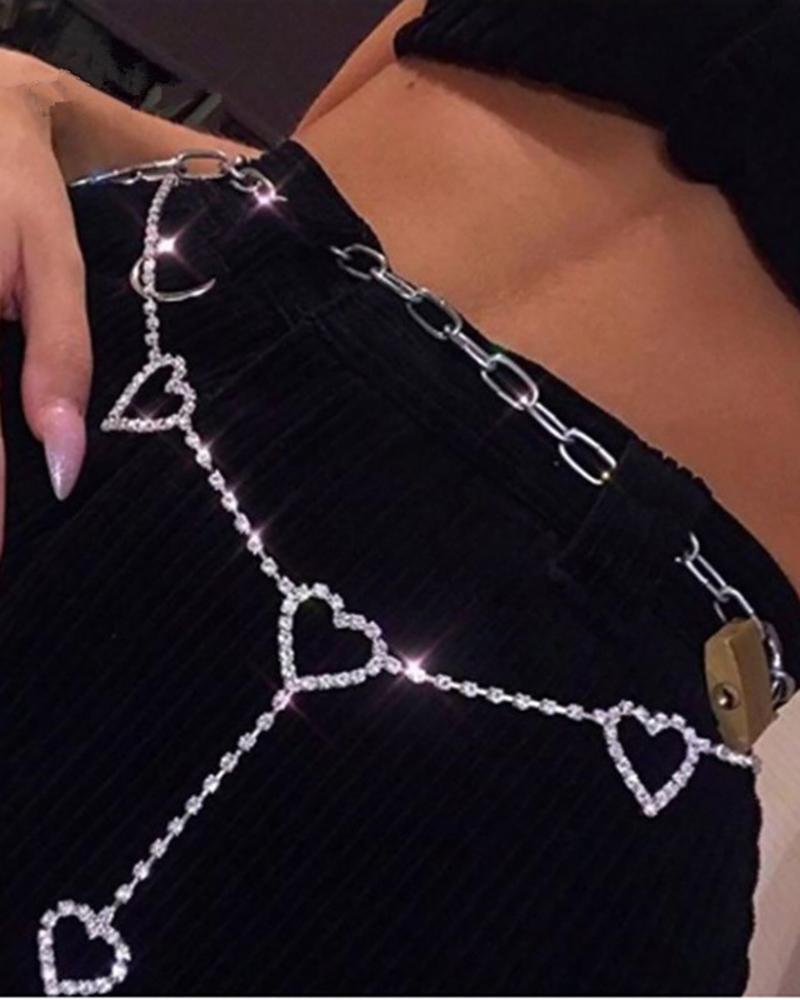 

Heart Decor Rhinestone Waist Chain, Silver