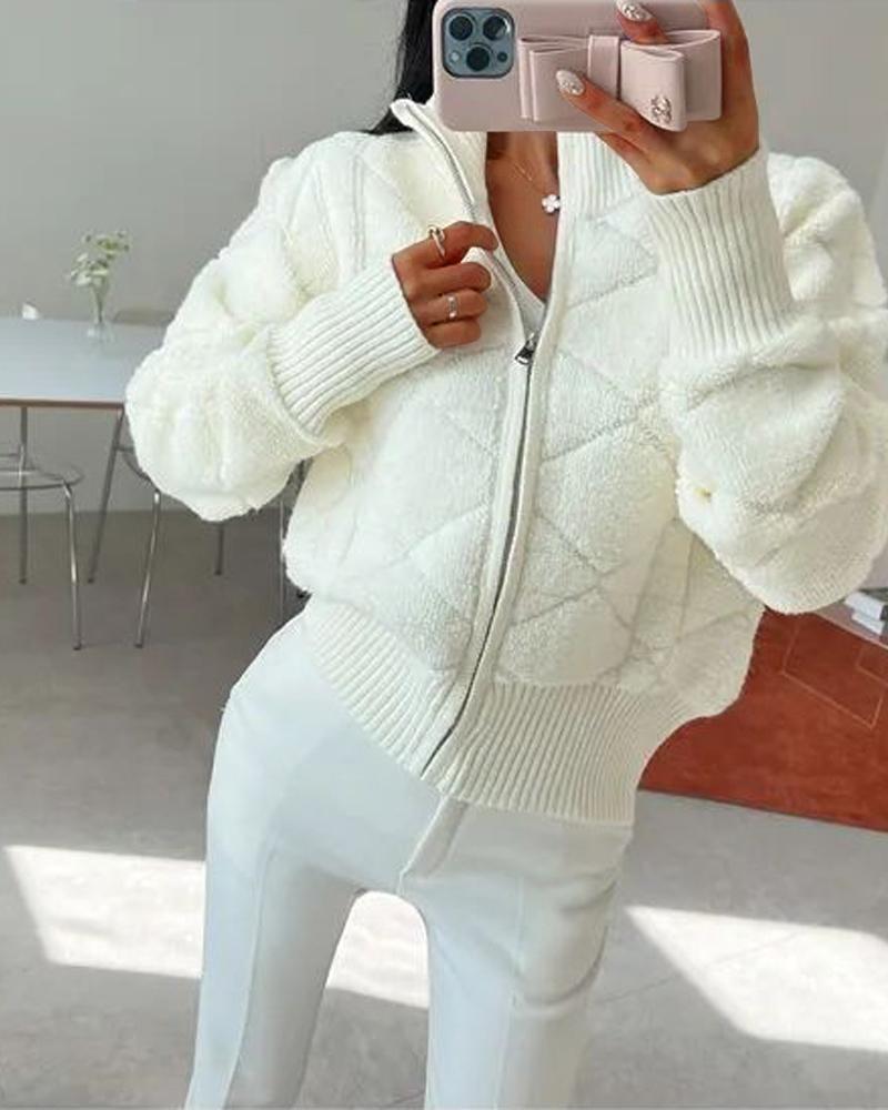 

Argyle Pattern Zipper Design Stand Collar Fuzzy Jacket, White