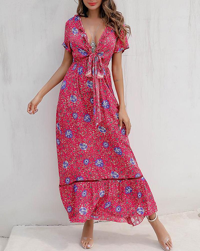 

Floral Tie Front Maxi Dress, Red