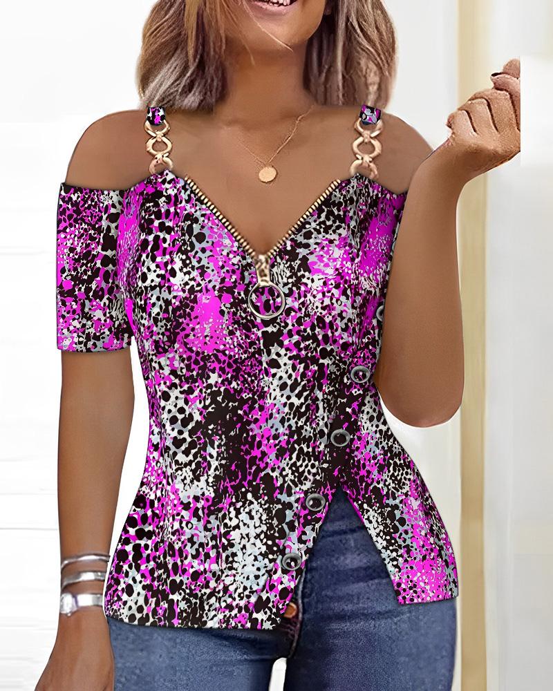 

Leopard Print Zip Detail Split Hem Cold Shoulder Top, Purple