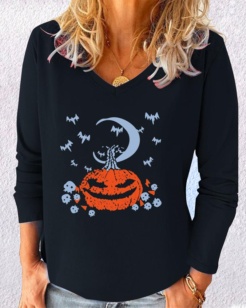 

Halloween Pumpkin Batwing Skull Pattern Long Sleeve Top, Black