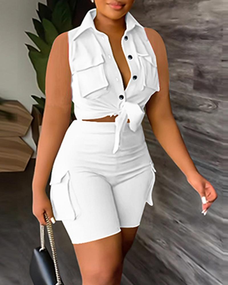 

Buttoned Pocket Design Sleeveless Top & Shorts Set, White