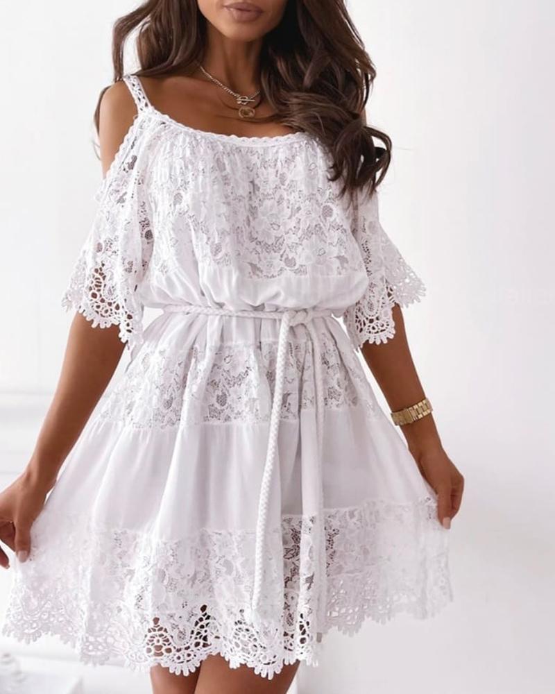 

Cold Shoulder Half Sleeve Lace Dress, White