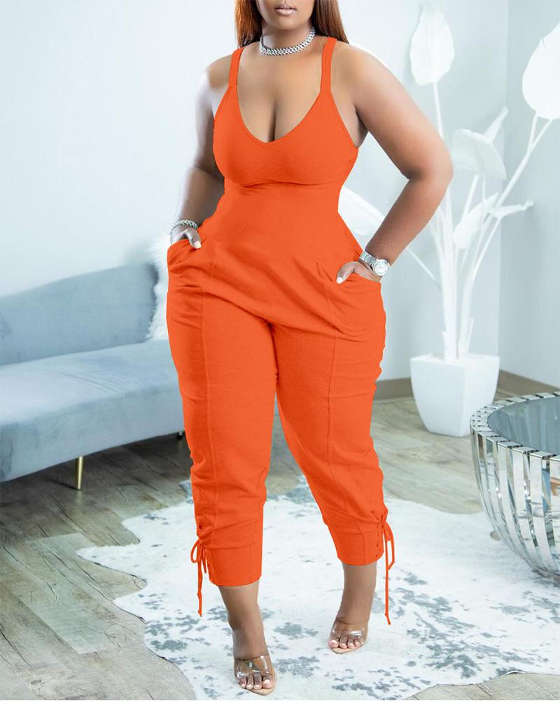 

U-Neck Sleeveless Pocket Design Jumpsuit, Orange
