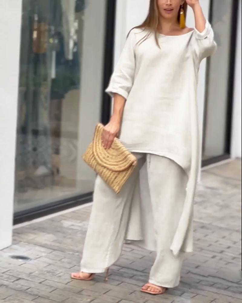 

One Shoulder Asymmetrical Top & Casual Pants Set, Beige