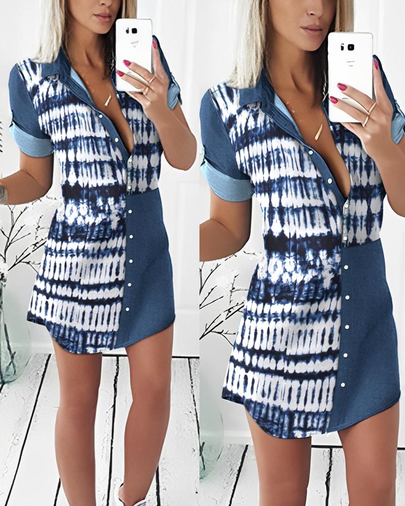 

Tie Dye Print Patchwork Buttoned Shirt Dress, Blue