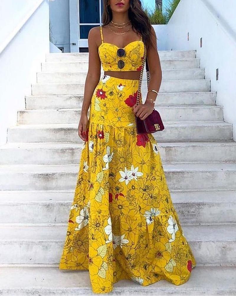 

Floral Print Crop Top & Maxi Skirt Set, Yellow