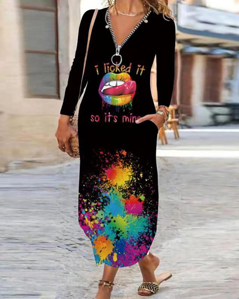 

Zip Front Pocket Design Lip Letter Print Dress, Multicolor