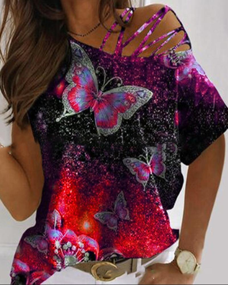 

Butterfly Print Short Sleeve Loose T-shirts, Red