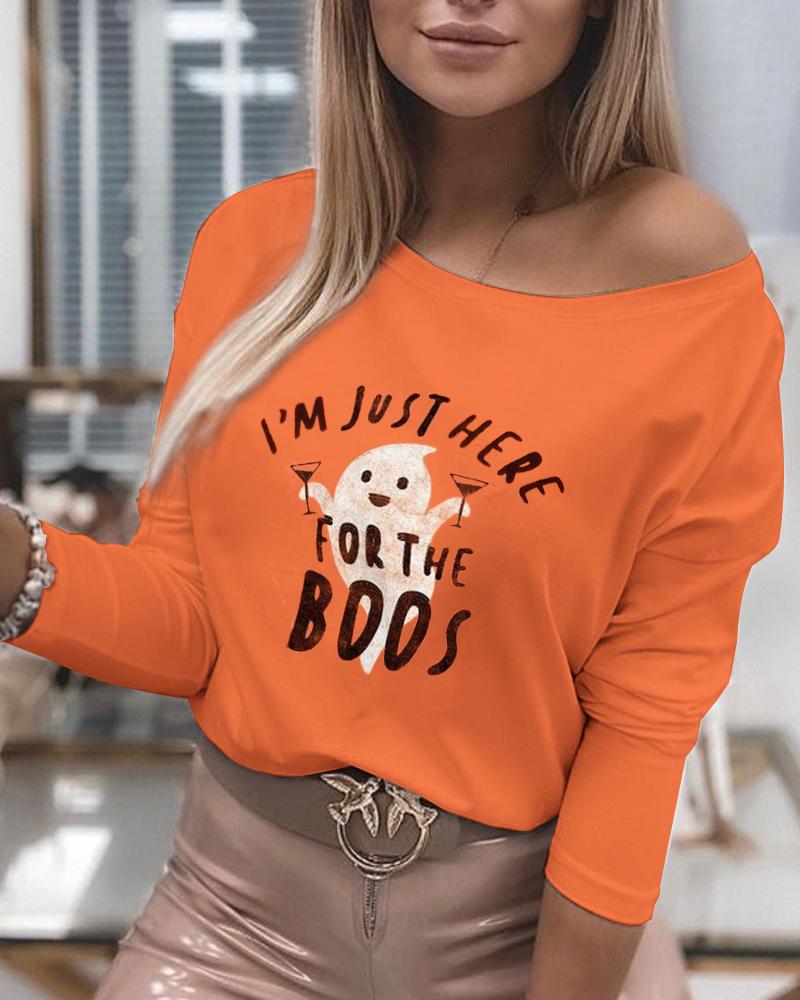 

Halloween Letter Print Long Sleeve Top, Orange