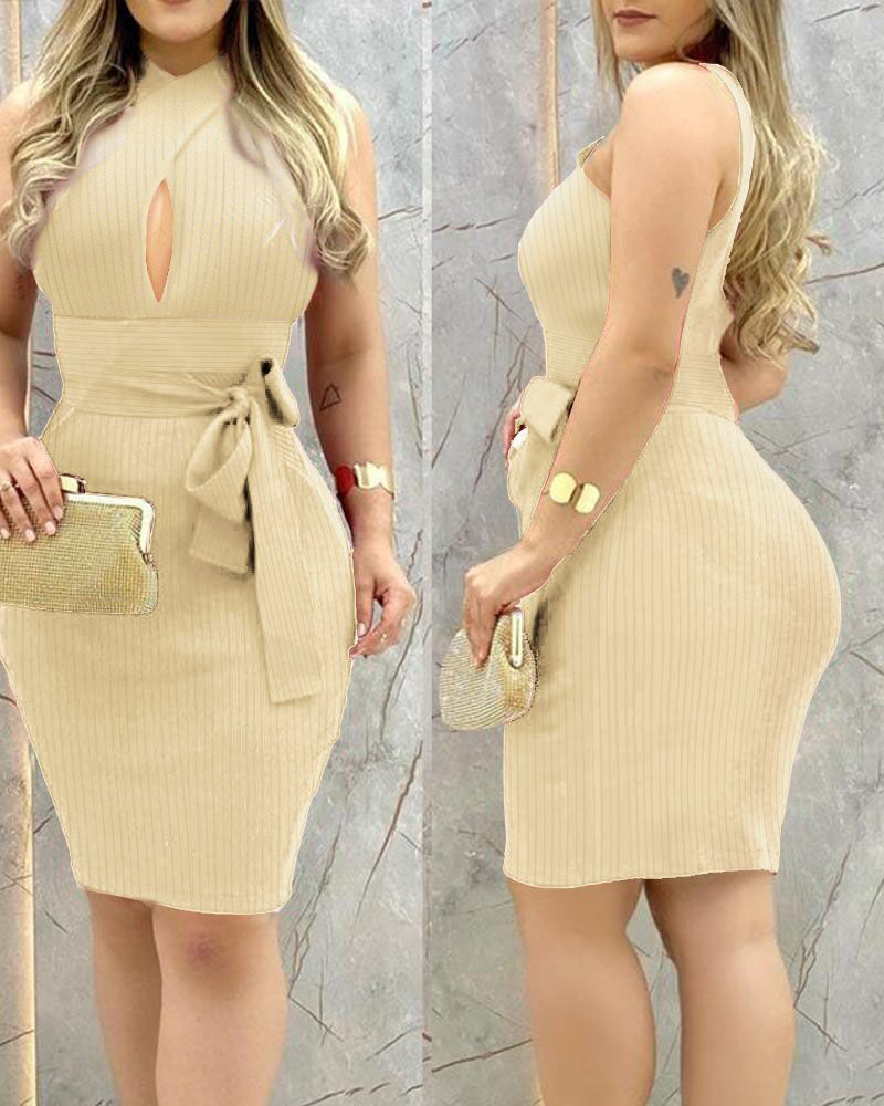 

Plain Front Cross Cutout Bodycon Dress, Apricot