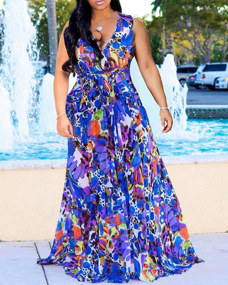 

Colorful Print Sleeveless Maxi Dress, Dark blue