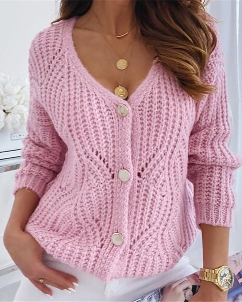 

Knit Hollow Out Long Sleeve Button Design Cardigan, Pink