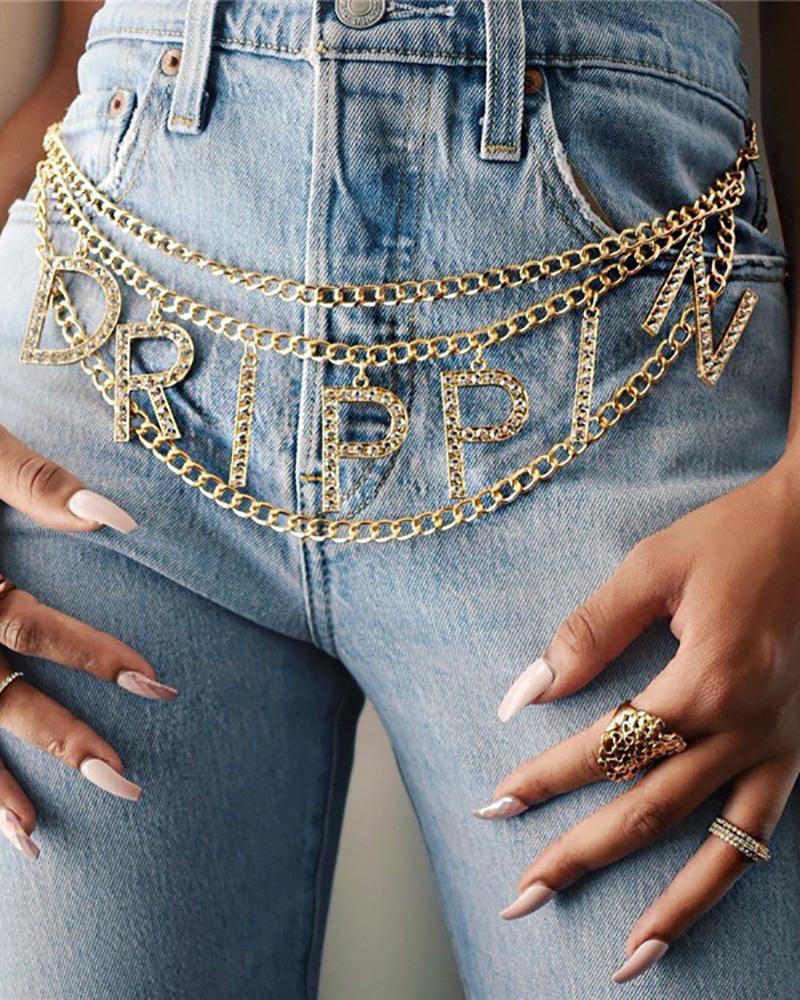 

Rhinestone Decor Letter Pattern Layered Waist Chain, Gold