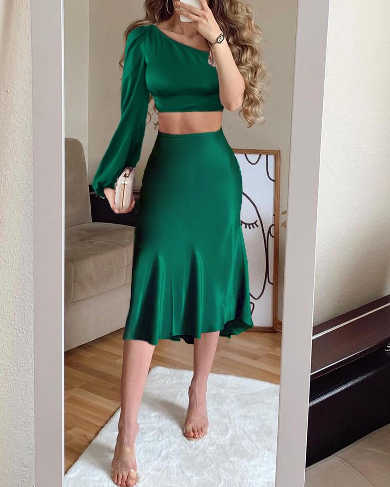 

One Shoulder Lantern Sleeve Crop Top & Ruffles Skirt Sets, Green