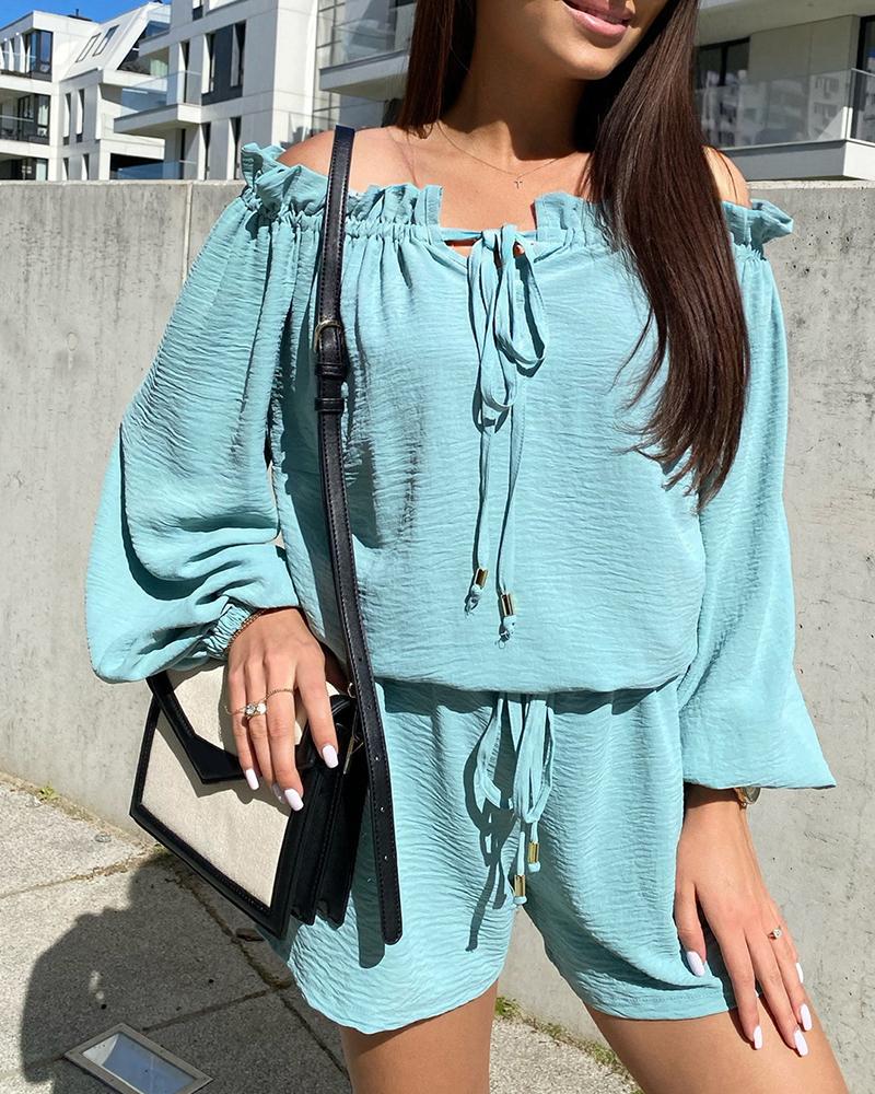 

Off Shoulder Frill Hem Lantern Sleeve Top & Shorts Set, Blue
