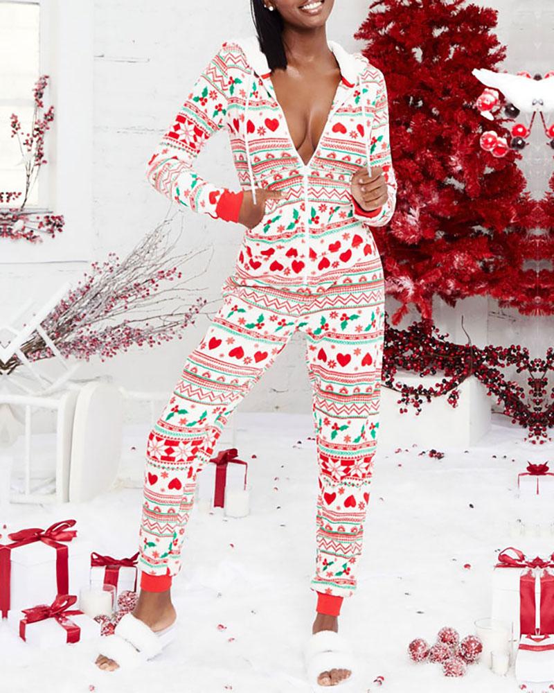 

Christmas Drawstring Graphic Print Zipper Hooded Lounge Jumpsuit, White