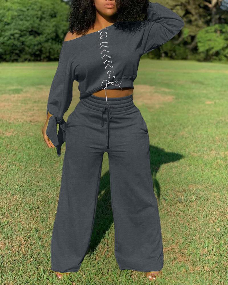 

Grommet Eyelet Lace-Up Knot Cuff Top & Pants Set, Dark grey