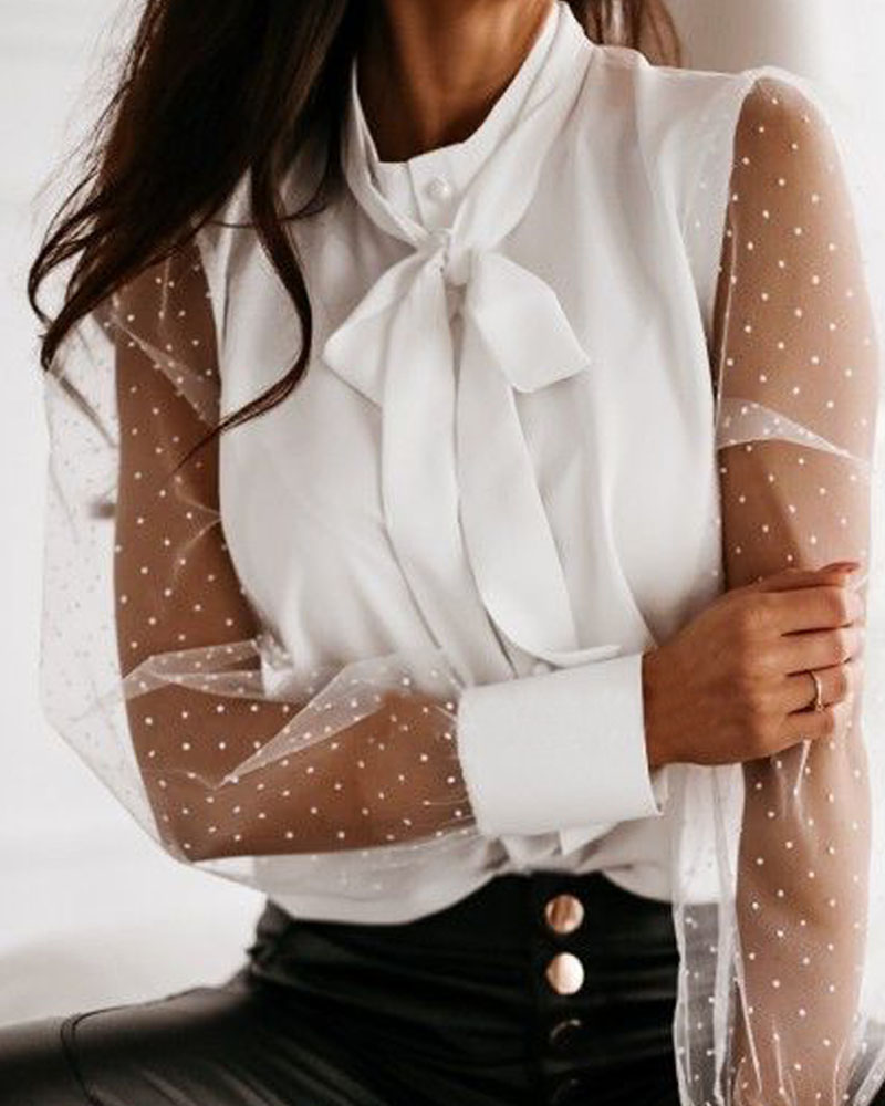

Sheer Mesh Polkadot Print Tie Neck Blouse, White