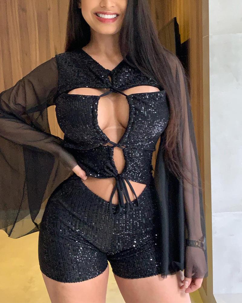 

Sheer Mesh Bell Sleeve Contrast Sequin Cutout Romper, Black