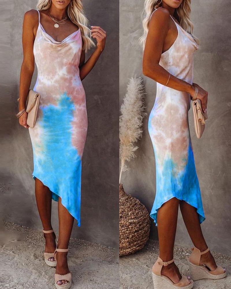 

Spaghetti Strap Tie Dye Print Slit Maxi Dress, Multicolor