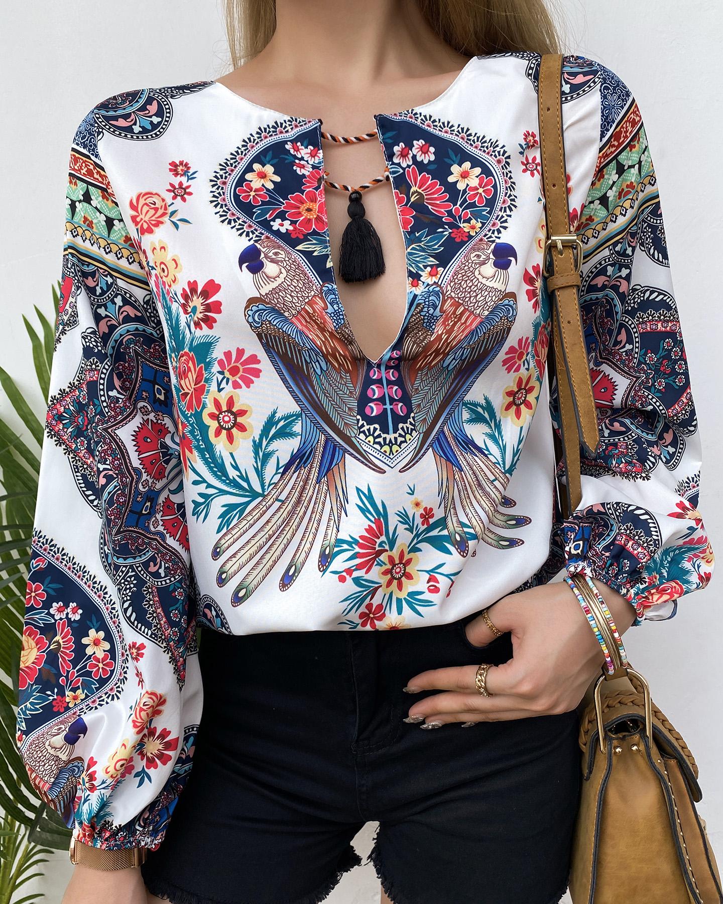 

Floral Graphic Print Lantern Sleeve Cutout Tassel Front Top, White