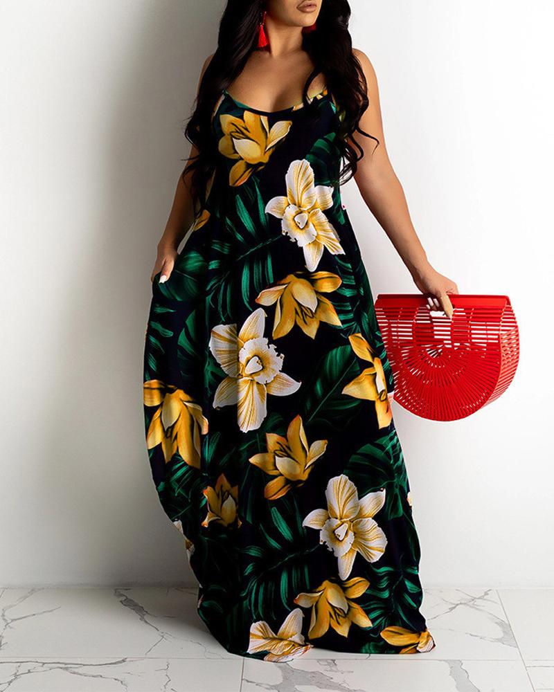 

Plus Size Tropical Print Spaghetti Strap Maxi Dress, Yellow