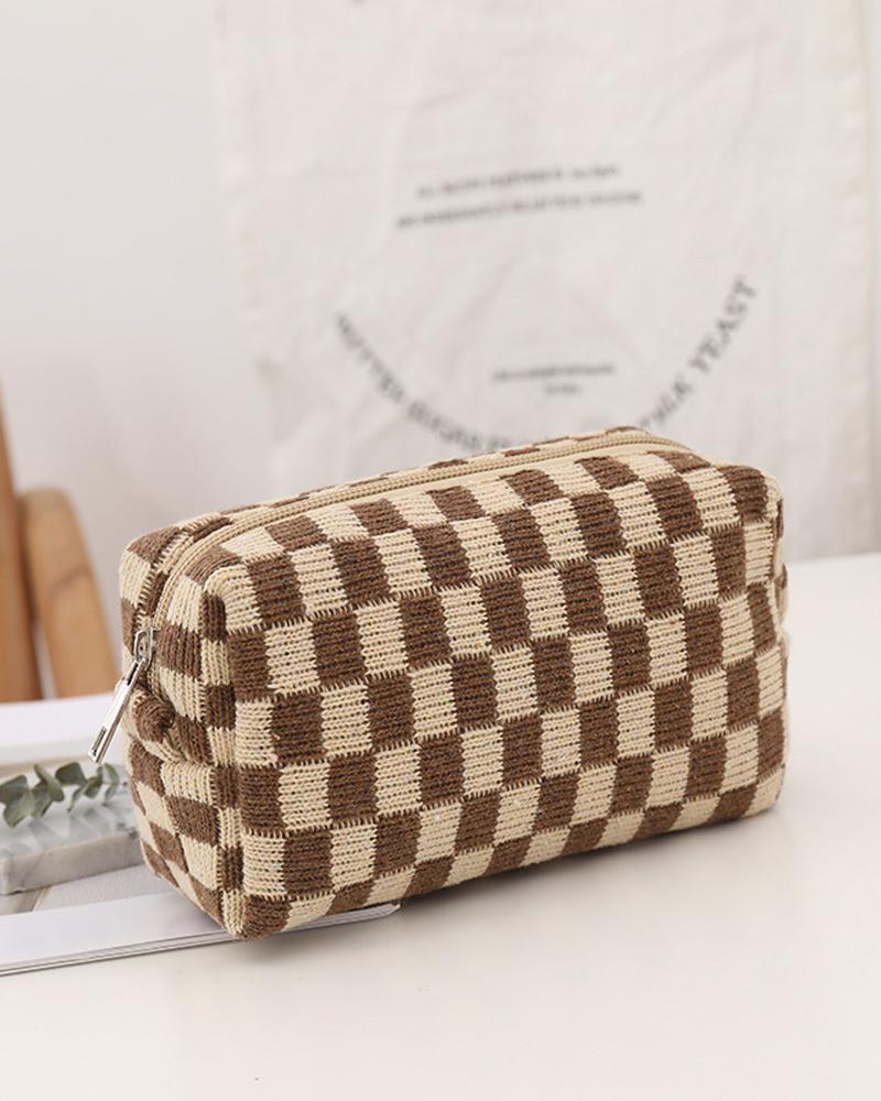 

Plaid Knitted Makeup Bag, Brown