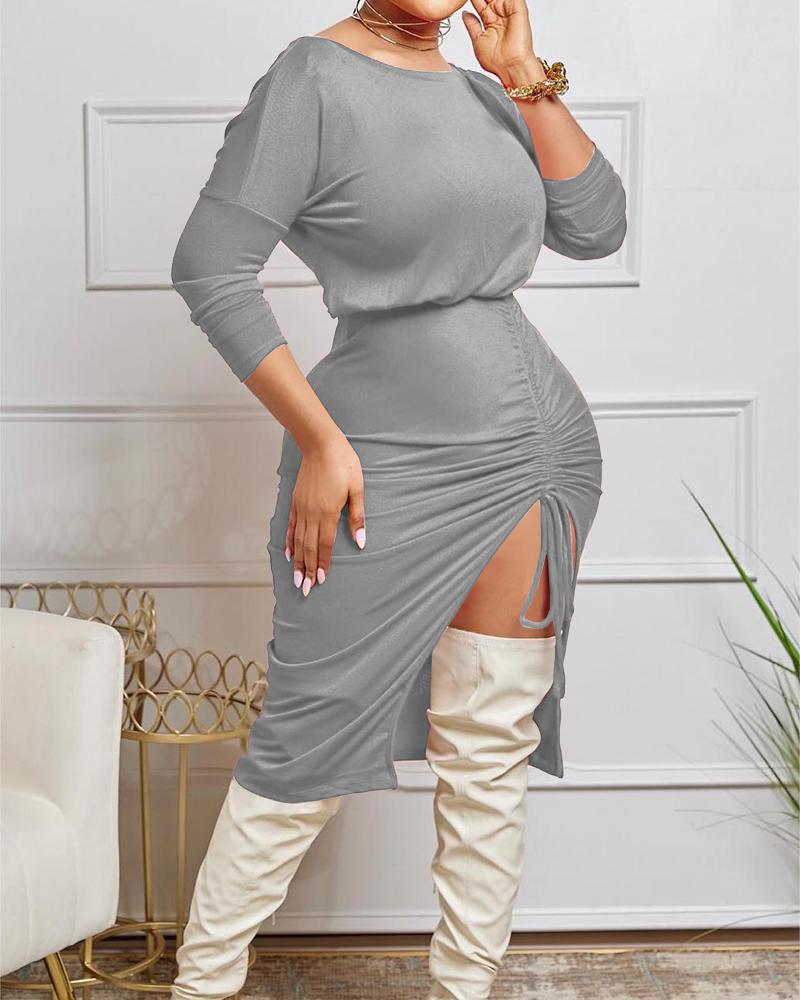 

Plus Size Slit Drawstring Casual Dress, Gray