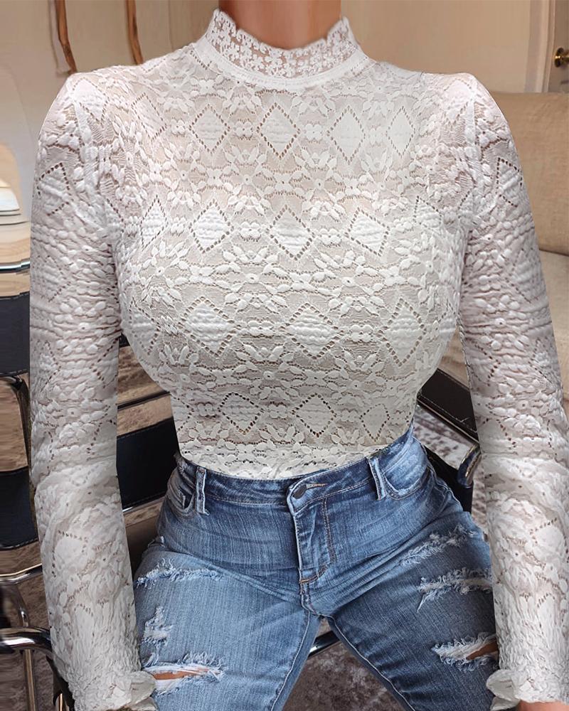 

Lace Long Sleeve Top, White