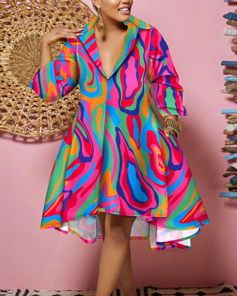 

Plus Size Multi-Color Abstract Print Flowy Shirt Dress, Hot pink