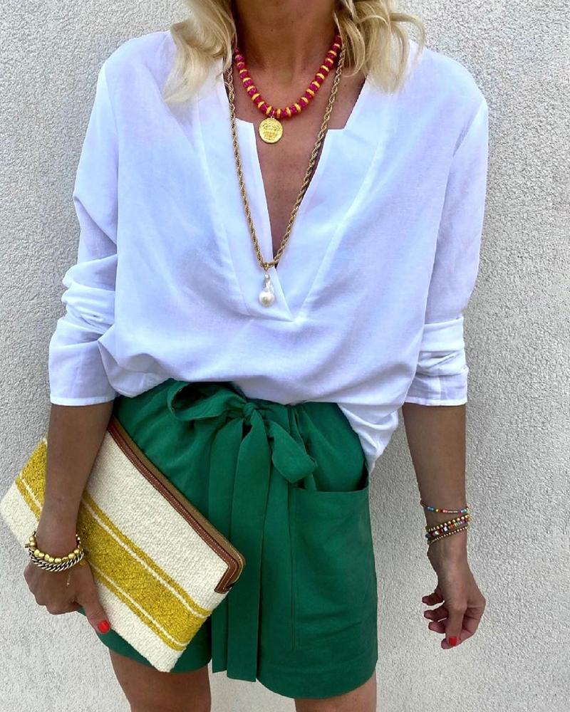 

V-Neck Long Sleeve Plain Top, White