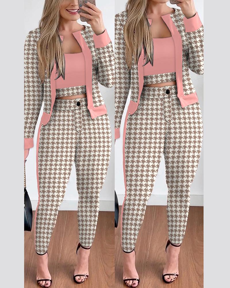 

3PCS Houndstooth Print Crop Top & Pants Set With Coat, Pink