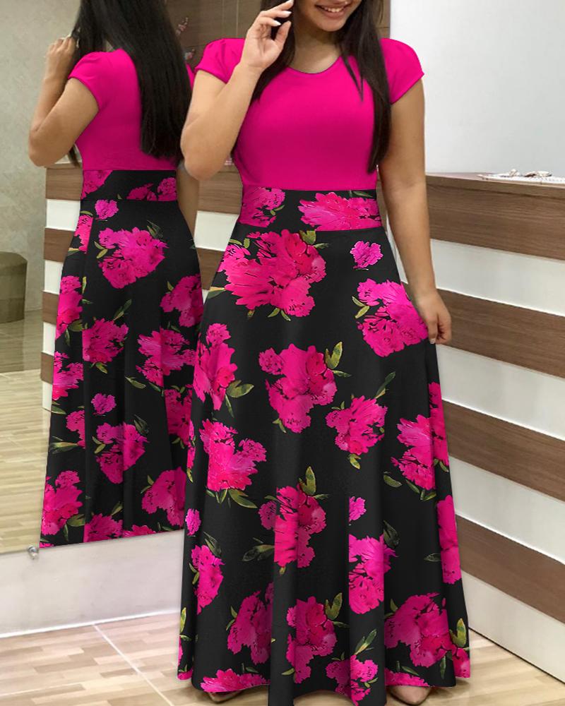 

Plus Size Contrast Floral Print Short Sleeve Maxi Dress, Hot pink