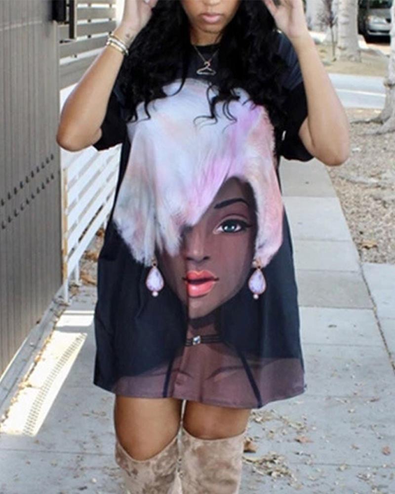 

Plus Size Figure Print Short Sleeve Casual Dress, Black