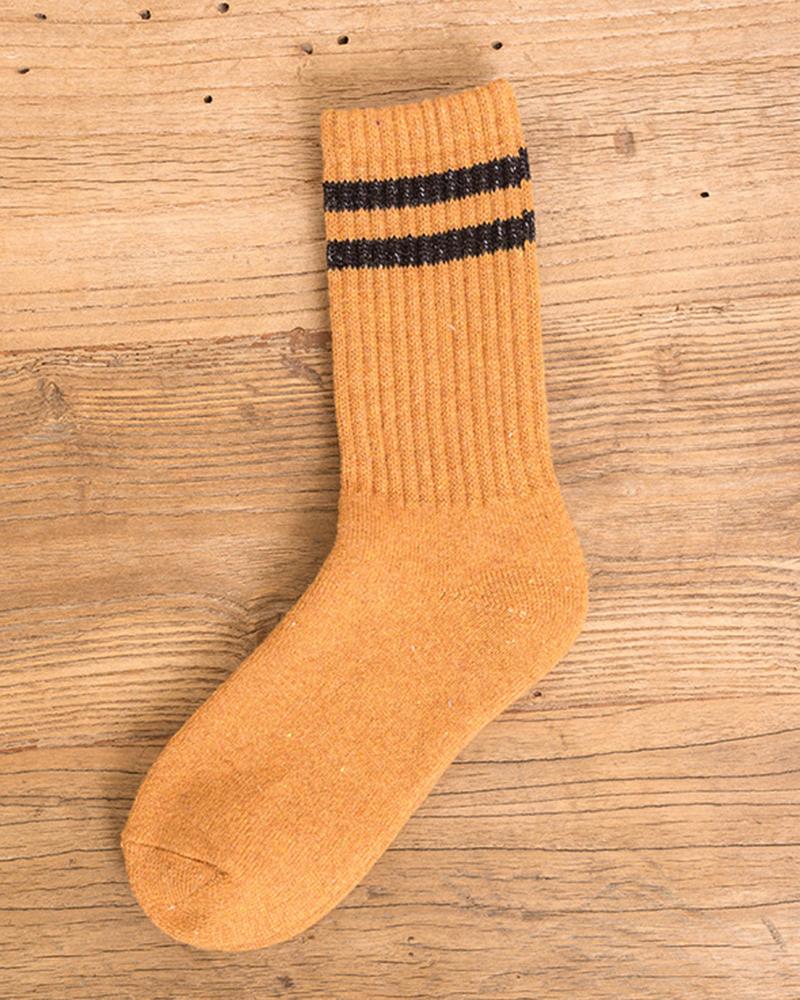 

1Pair Striped Lined Winter Thermal Crew Socks, Dark yellow