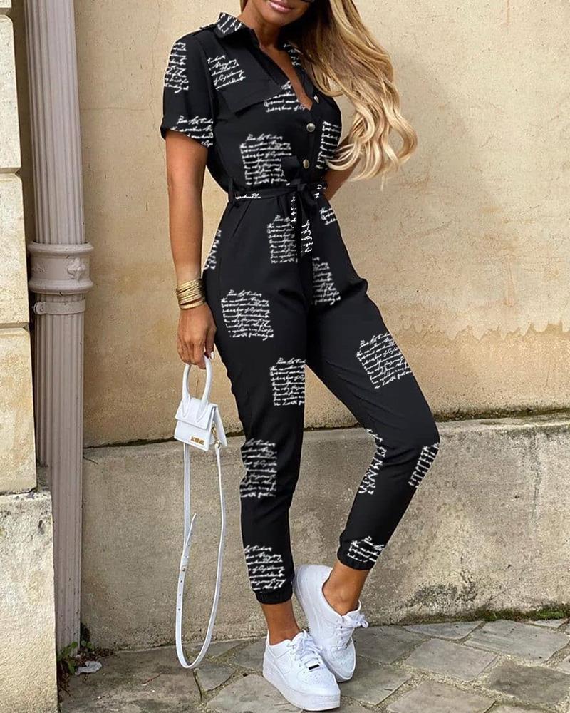 

Letter Print Short Sleeve Jumpsuit, Black