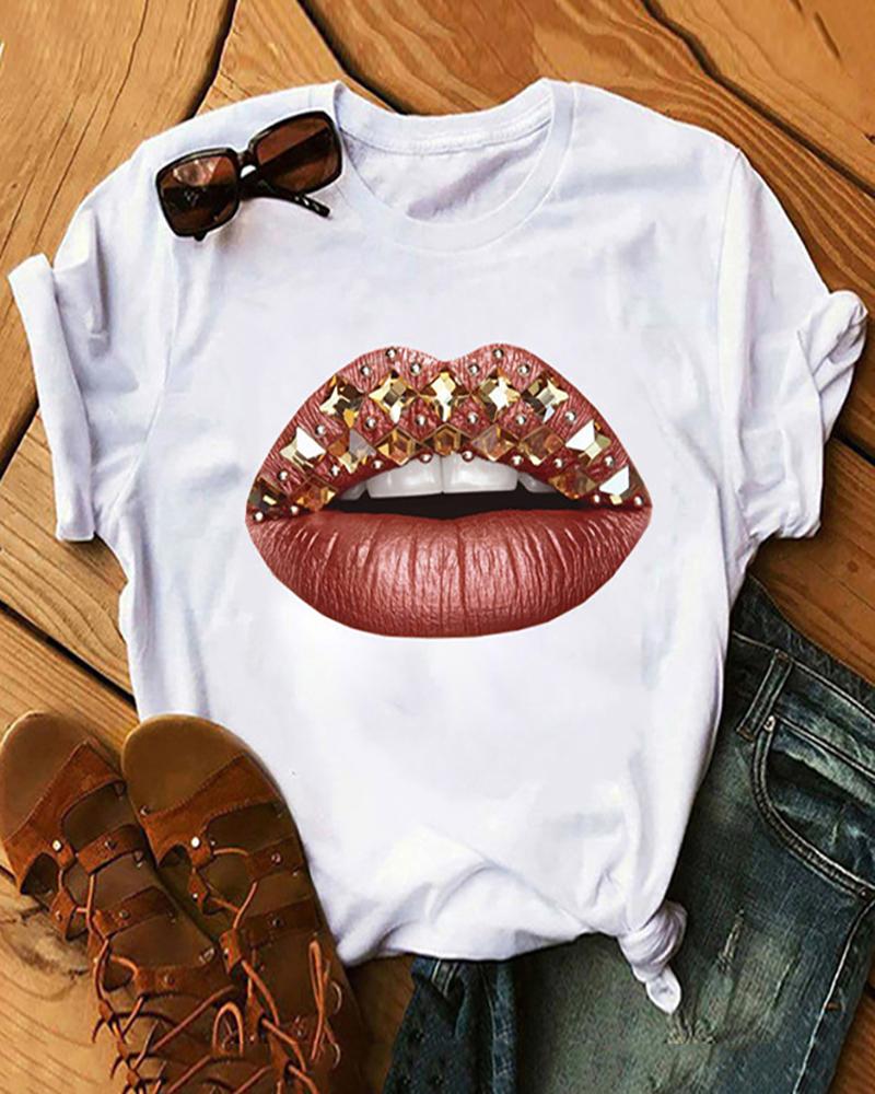 

Lip Print Short Sleeve T-shirt, White