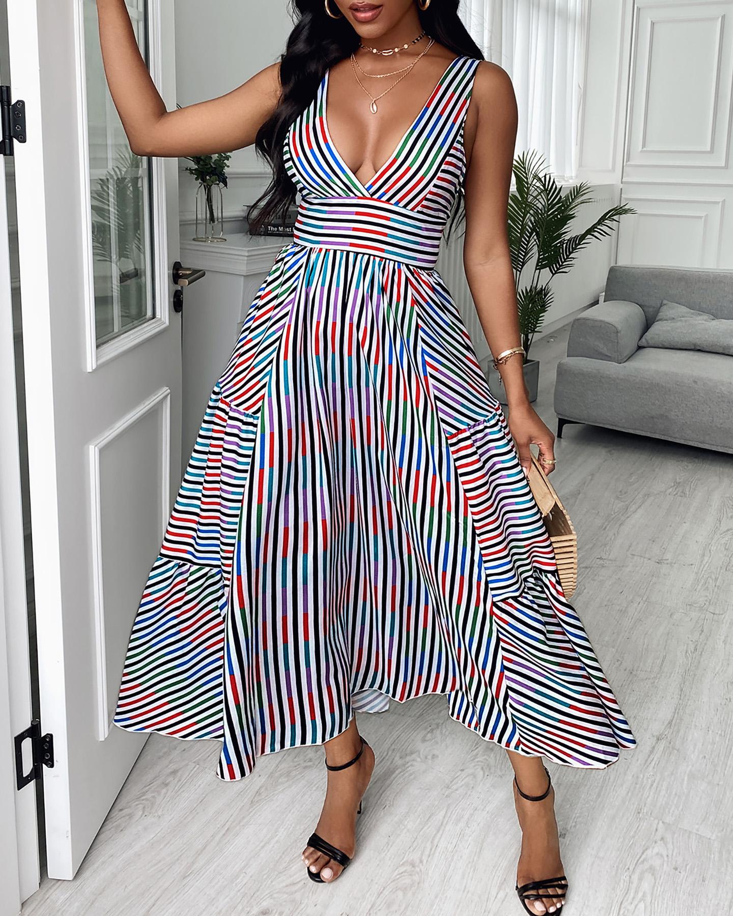 

Thick Strap Striped Print Maxi Casual Dress, Multicolor