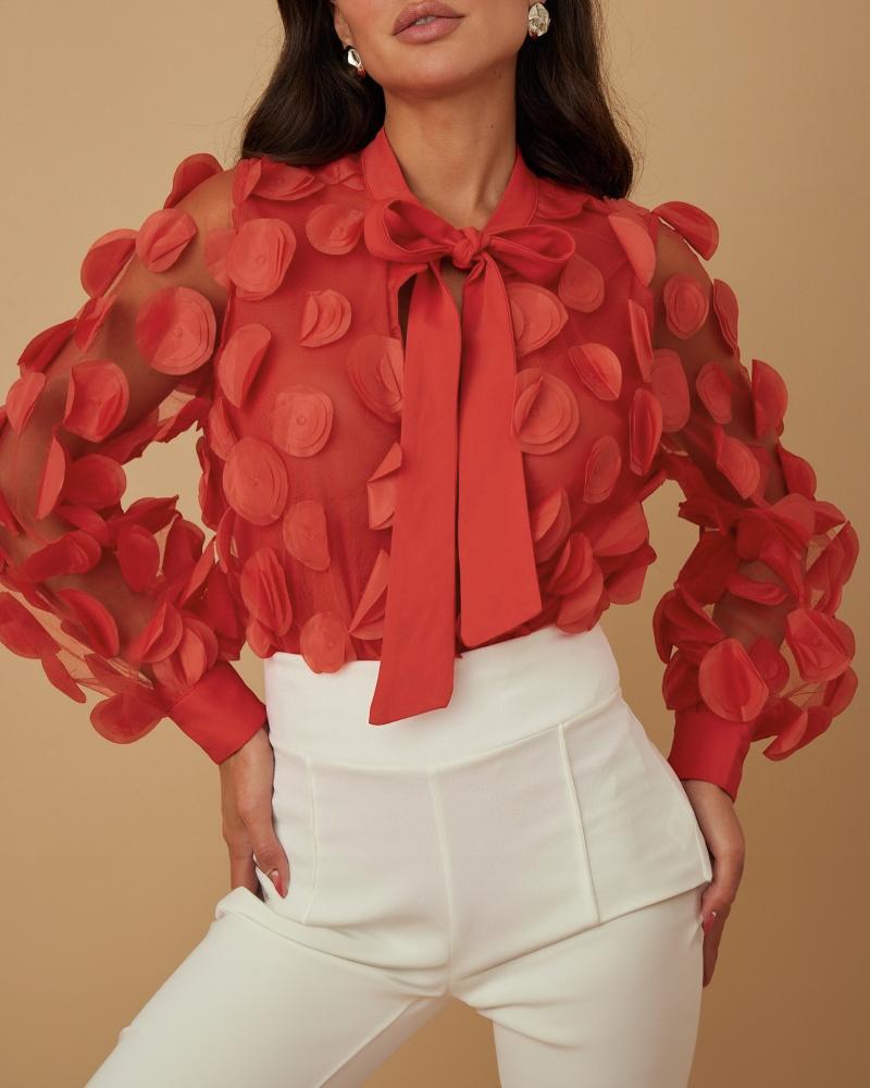 

Floral Pattern Tie Neck Sheer Mesh Patch Hollow Out Blouse Top, Red