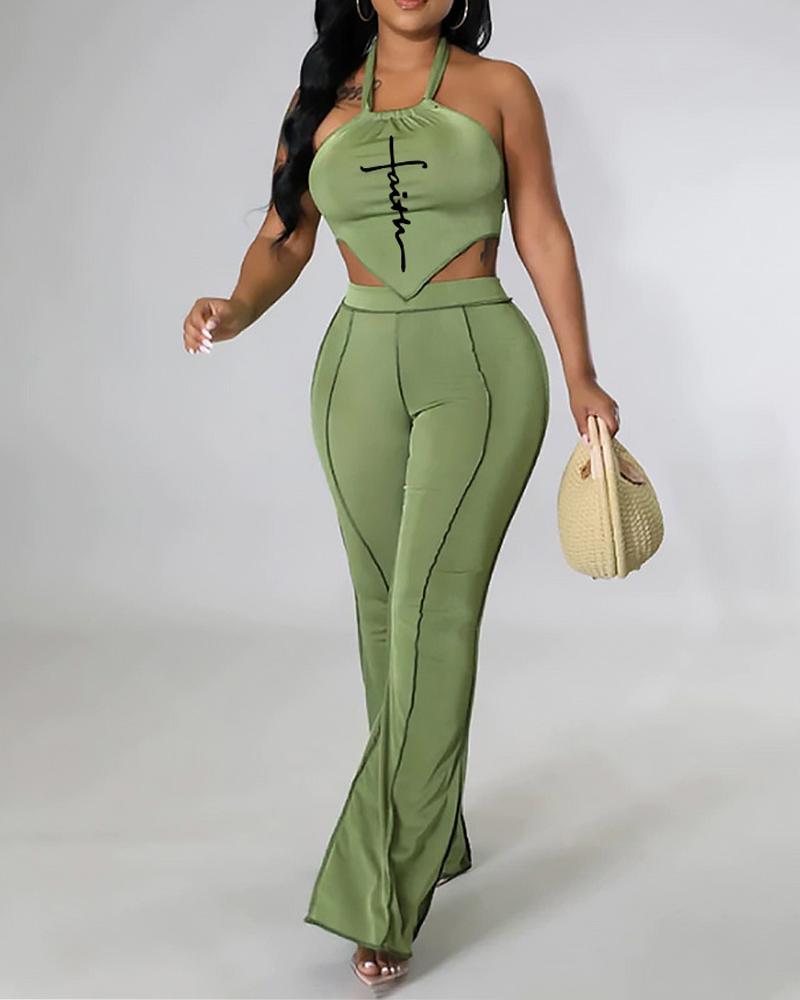 

Letter Print Halter Backless Crop Top & Bootcut Pants Set, Green