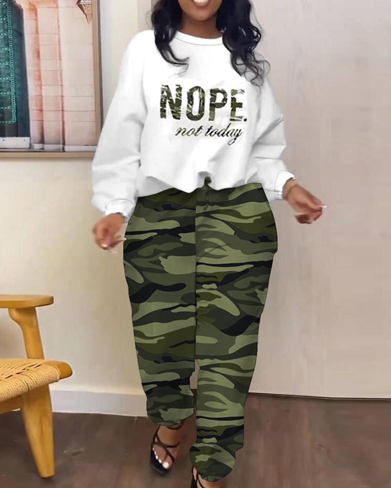 

Nope Not Today Camouflage Print Drawstring Top & Cuffed Pants Set, Green