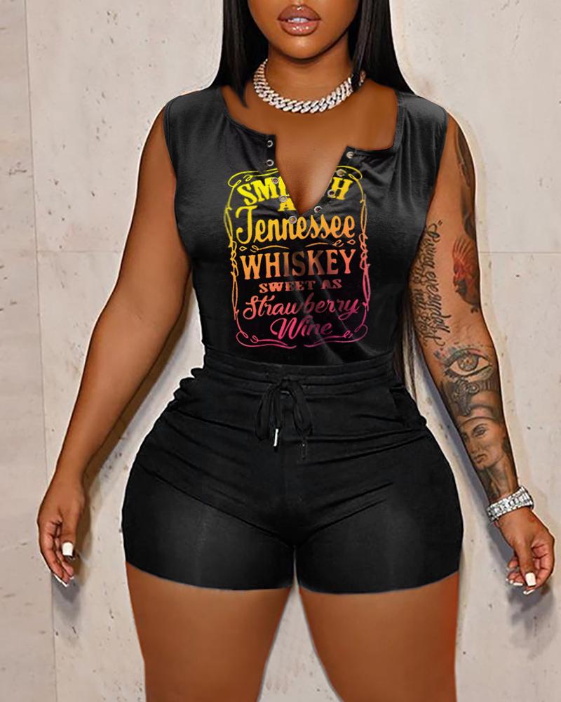 

Letter Print V-Cut Tank Top & Drawstring Shorts Set, Black