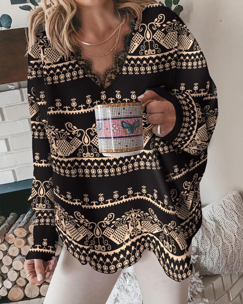 

Tribal Print Contrast Lace Long Sleeve Top, Black